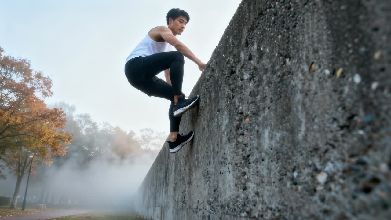 Launching athletic climber scaling concrete wall at park, gripping top edge, training in white tank
