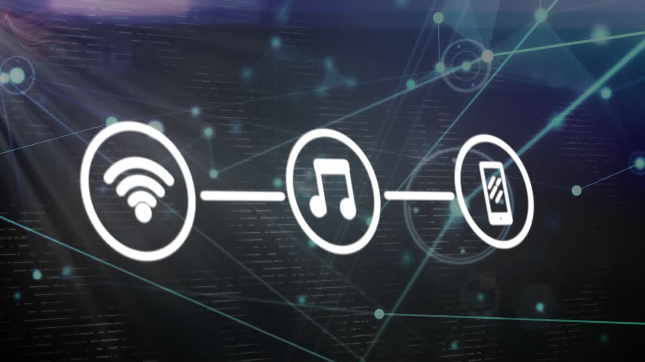 animação de rede de conexões e ícones digitais contra trilhas de luz em fundo preto