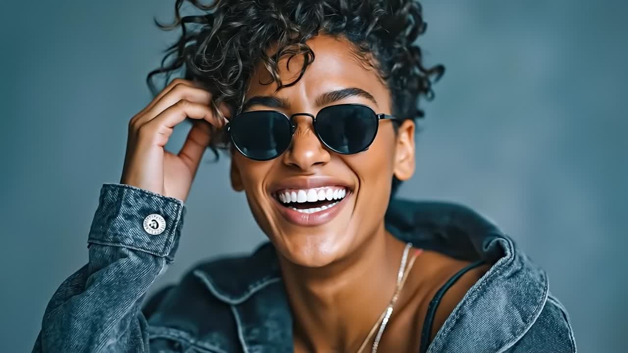 A woman wearing a denim jacket and sunglasses