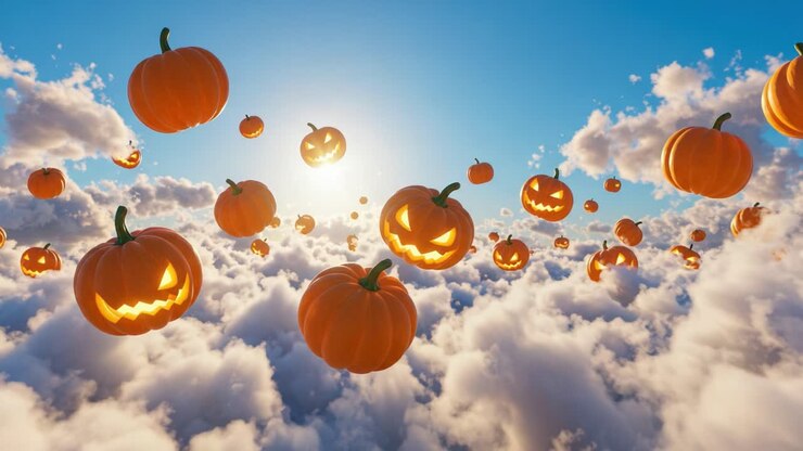 A Magical Sky Filled with Floating Halloween Pumpkins Illuminated by Bright Sunlight Against a Cloudy Backdrop in an Enchanting Autumn Scene