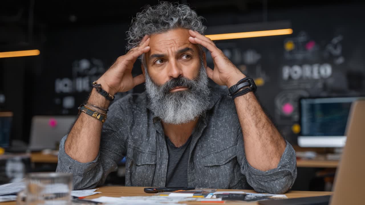 A contemplative man grapples with stress and decision-making in a busy office environment, embodying the challenges of modern work and emotional resilience