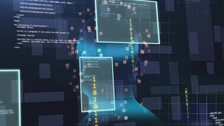 Animation of data processing over digital human with icons