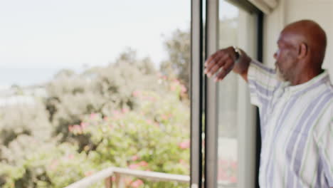 Looking out window, mature African American man enjoying peaceful view from home, copy space