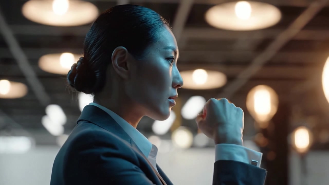 A Thoughtful Businesswoman Contemplating Decisions in a Modern Office Setting, Emphasizing Confidence and Professionalism from Different Angles