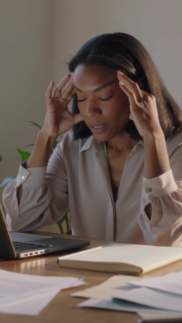 Video verticale: Donna in camicetta si tiene la testa, digita al laptop a casa per concentrarsi con un quaderno.