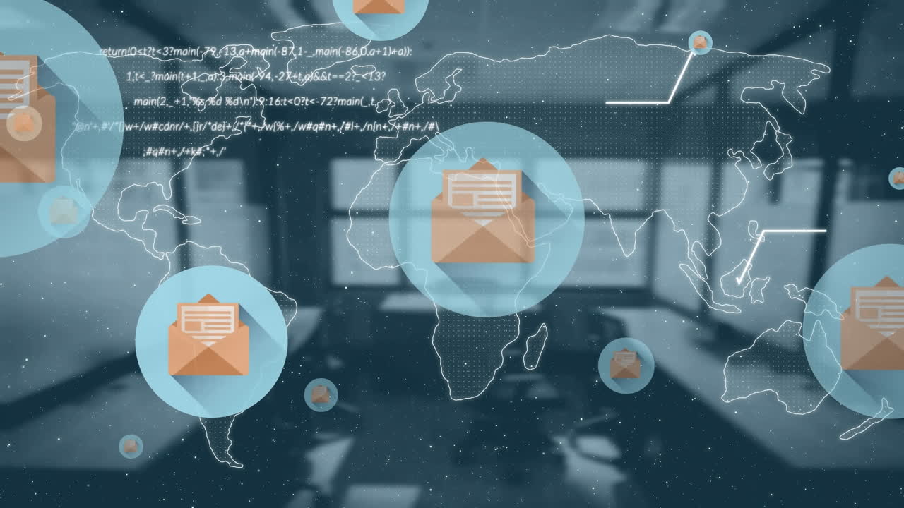 Animation of data processing and network of connections over world map