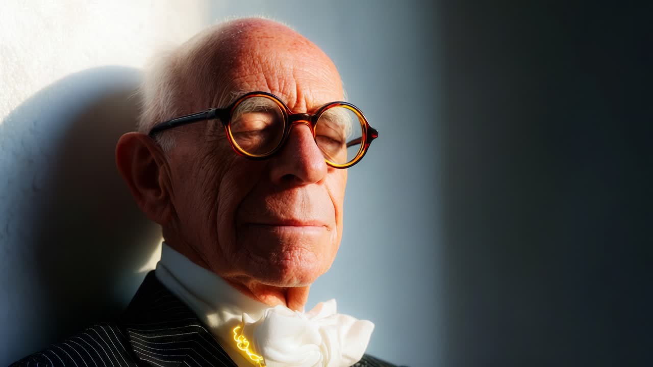 A Thoughtful Elderly Man in Elegant Attire with Stylish Glasses Posing Calmly Against a Softly Lit Wall, Exuding Wisdom and Experience Captured in a Serene Moment