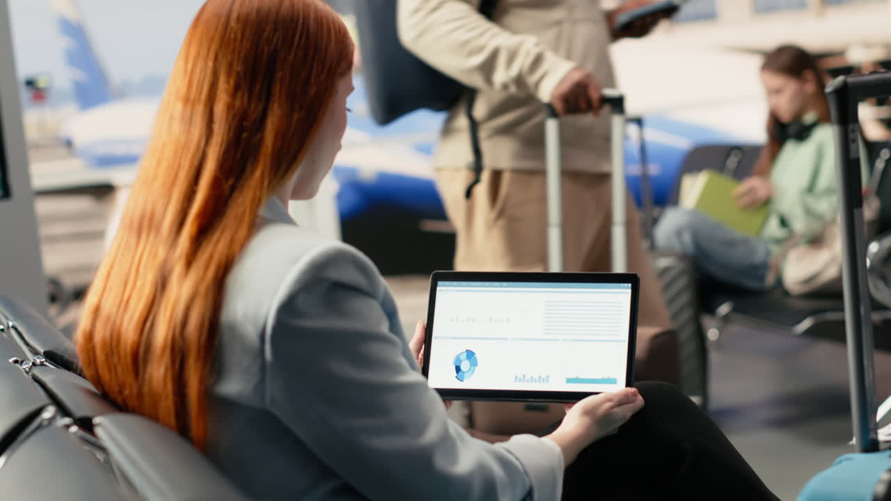 Woman Using Tablet with Business Data in Airport Waiting Area