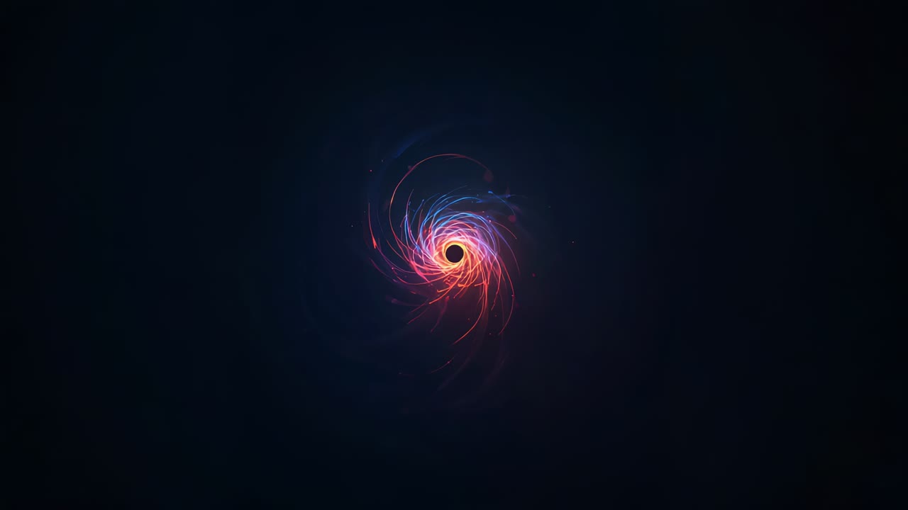 Vortice a spirale luminoso rotante che inizia da un nucleo scuro, estendendo filamenti rosso arancio blu nel vuoto