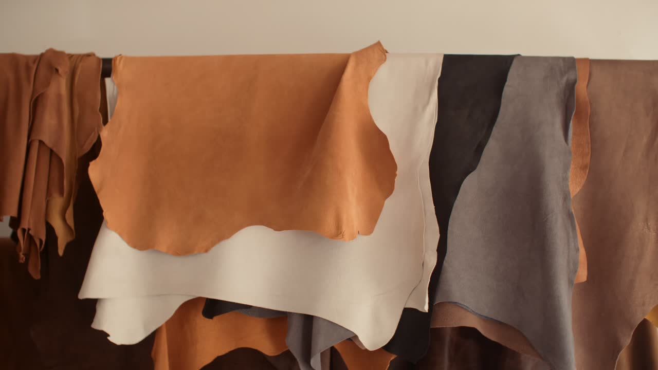 Slide in on rawhide leather in tan, gray, white, brown and black strung over a line