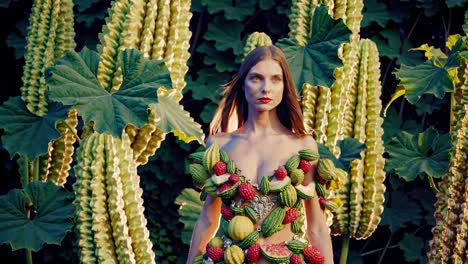 woman in fruit dress in a garden