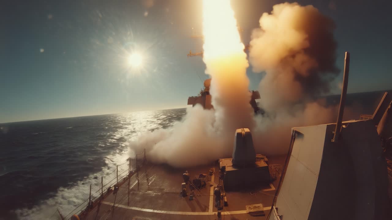 Una nave da guerra lancia un missile in mare, catturando uno spettacolo mozzafiato di potenza e precisione militare su uno sfondo oceanico drammatico