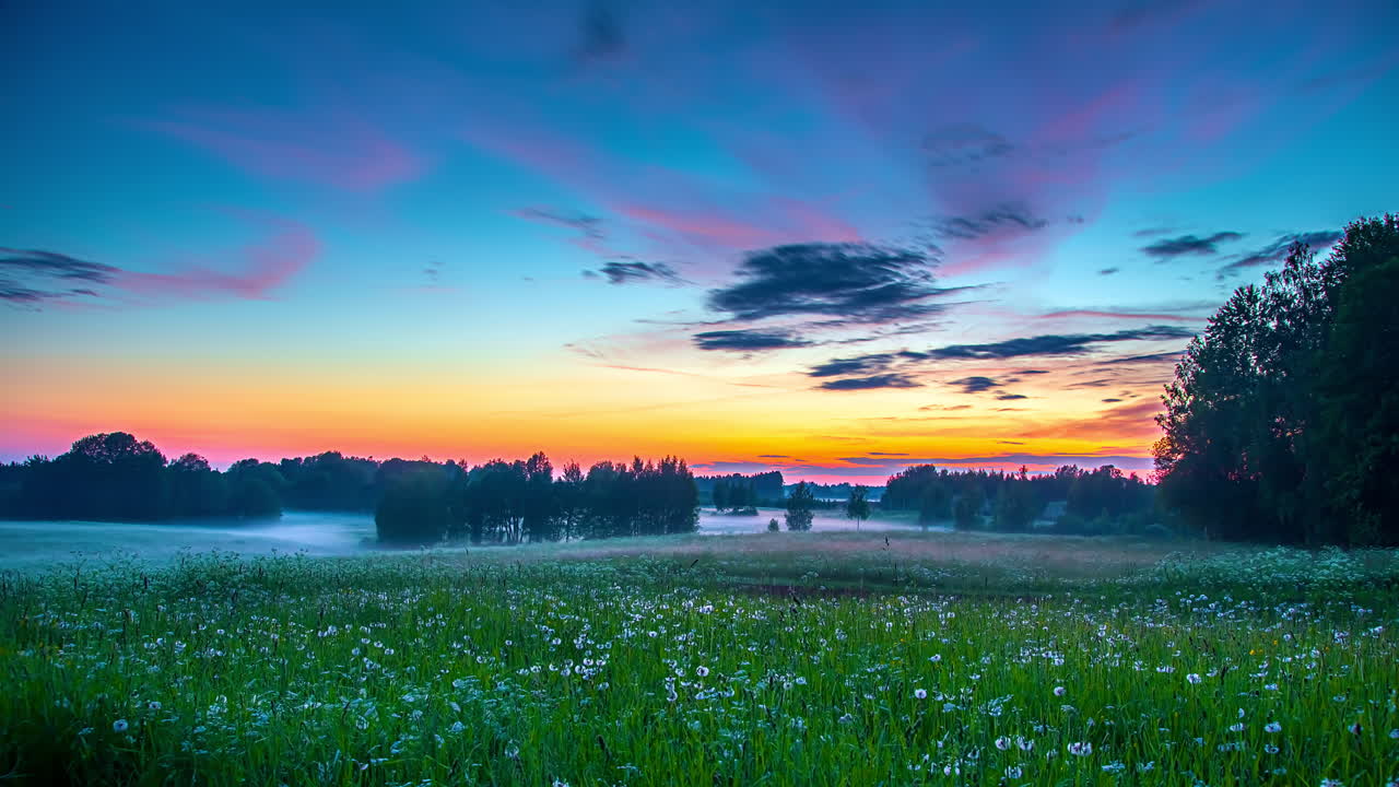 안개가 자욱한 초원 풍경의 파란색, 흰색, 주황색, 빨간색, 보라색 및 보라색 하늘