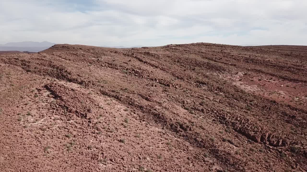 Ripresa aerea con drone di un gregge di capre al pascolo su una ripida e impervia montagna rossa a Ouarzazate. La scena evidenzia l'adattamento del bestiame al terreno aspro e roccioso del deserto marocchino.