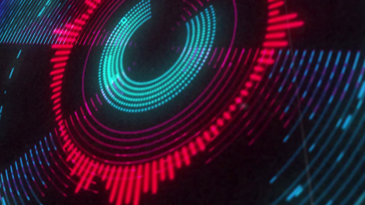 animazione di un display luminoso 3d circolare rosso e viola che lampeggia e ruota su sfondo nero
