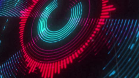 animación de una pantalla de luz 3d circular roja y púrpura parpadeando y girando sobre un fondo negro