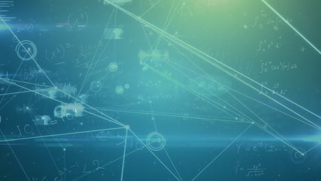 animación de puntos conectados, iconos de gráficos, números cambiantes en círculos sobre ecuaciones matemáticas