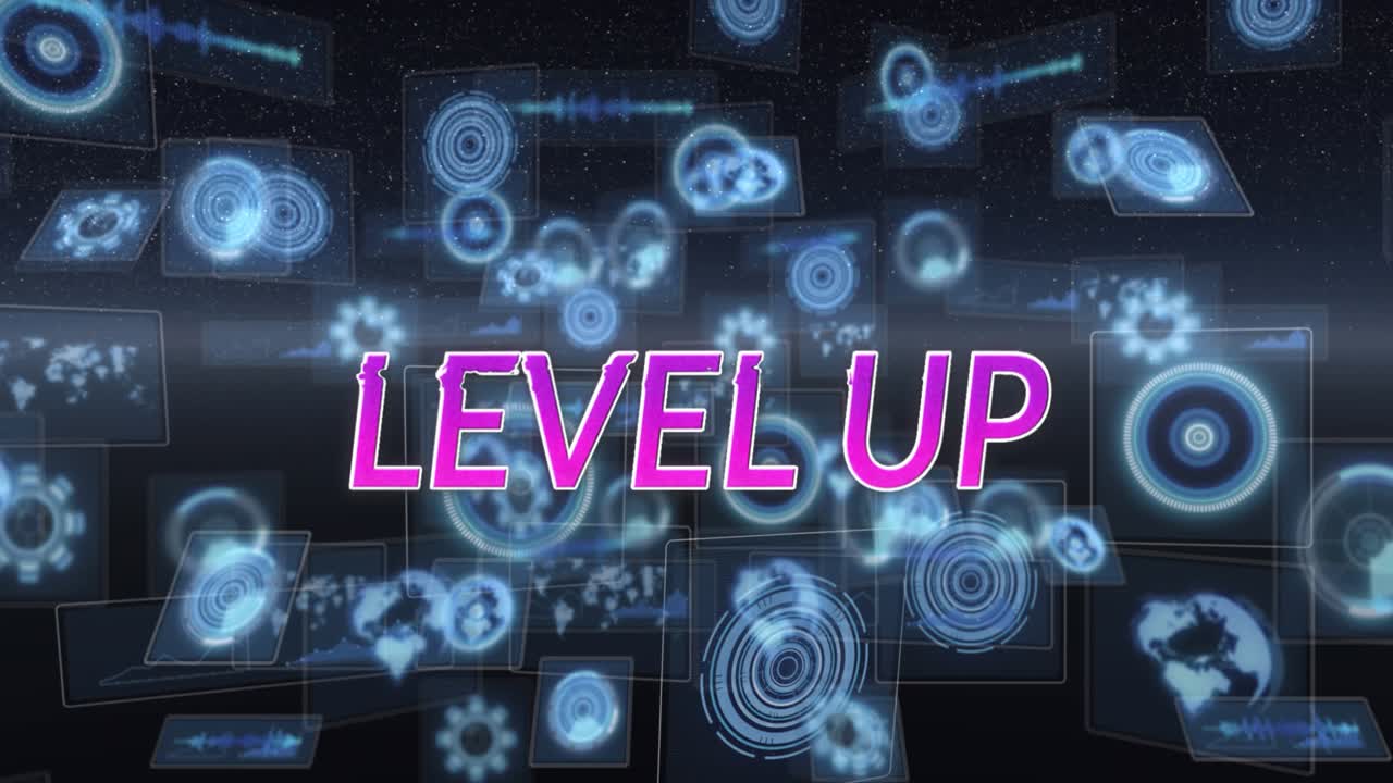 Animation of level up text and data processing on black background