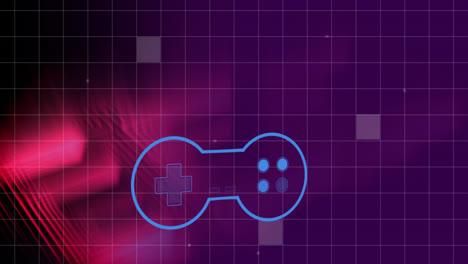 videogame controller icon over grid network against abstract shapes on purple background