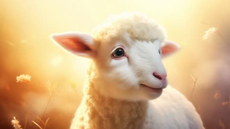 lamb posing gracefully in warm sunset light, revealing gentle innocence against soft focused background with blurred floral elements