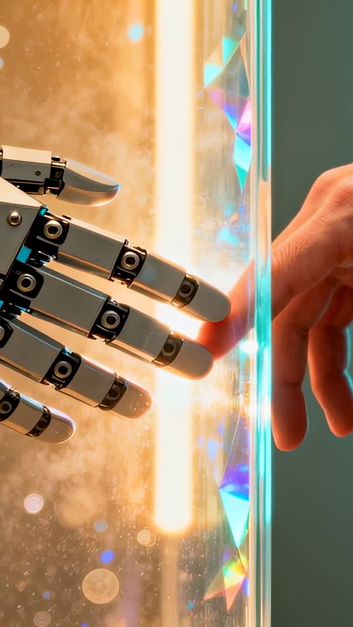 Video verticale: robot che inizia ad allungarsi, dita umane che si allineano su un pannello di vetro in un laboratorio, condividendo la luce