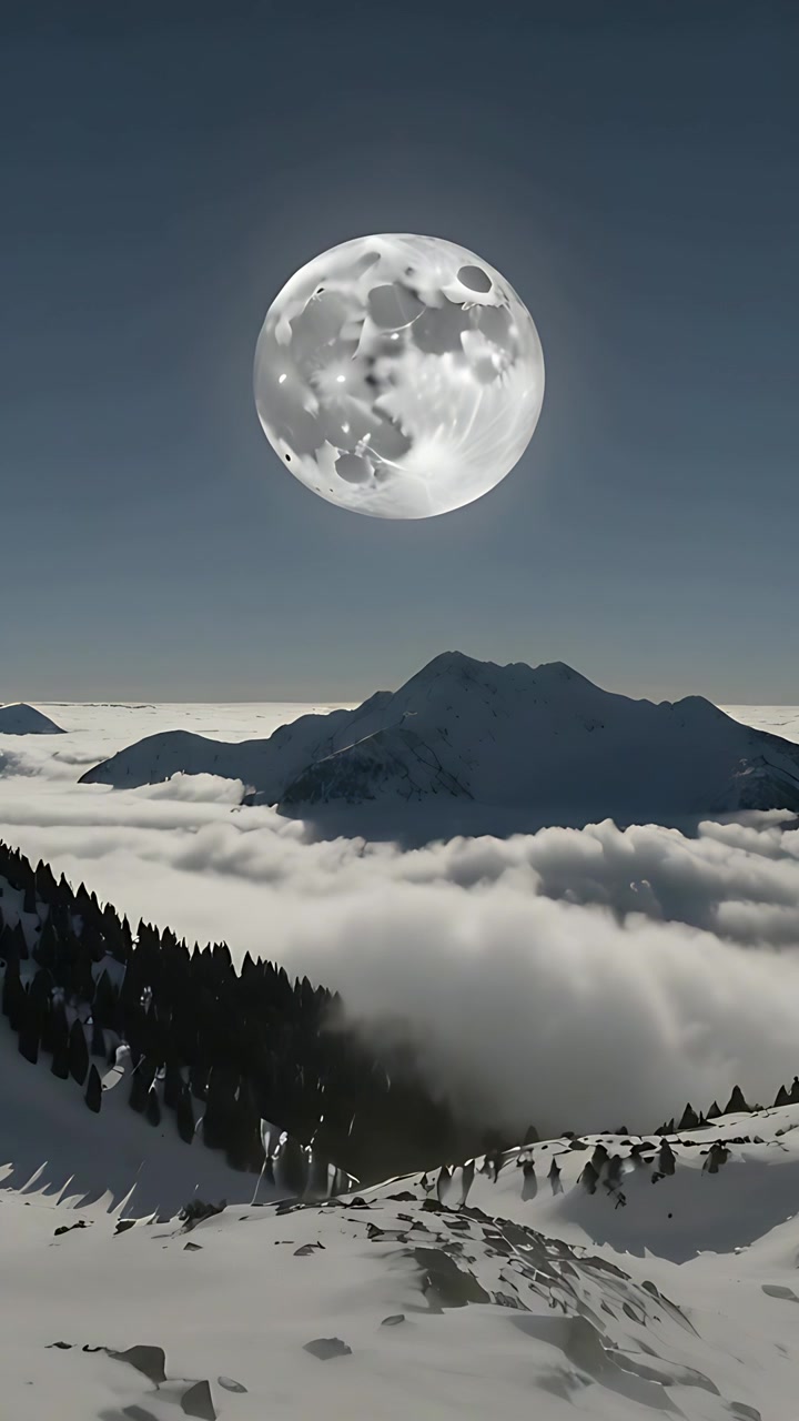 Vídeo vertical: Câmera inclinando-se, revelando a lua acima do pico para mostrar vista da montanha com neve e pinheiros.