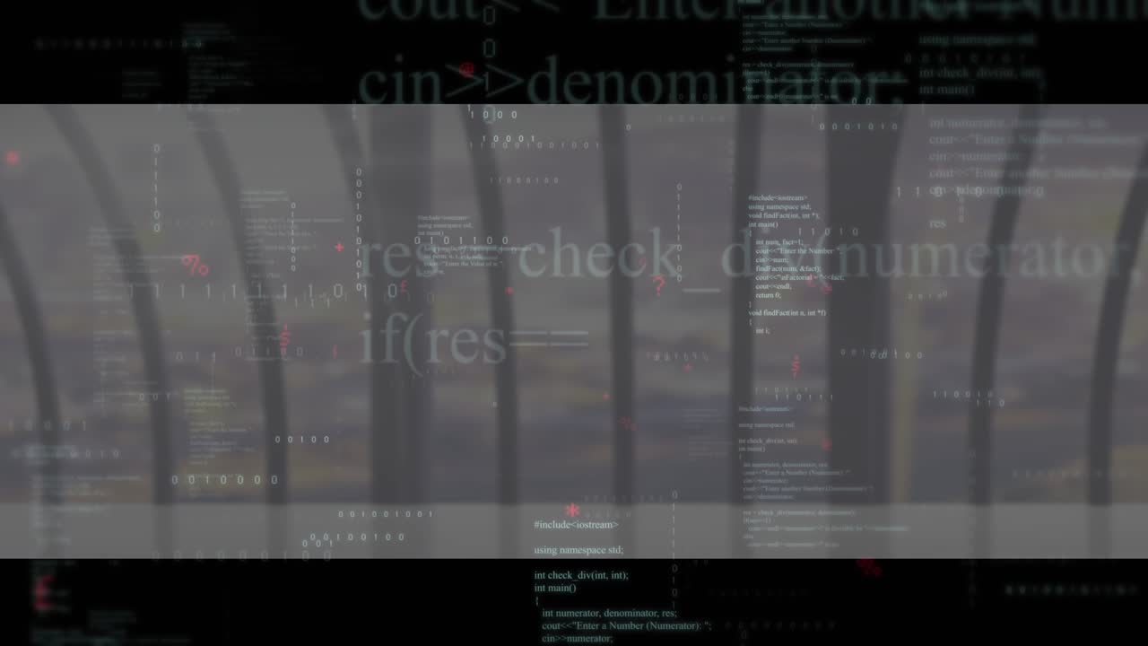 On activation central display band scrolling code columns and blinking red dots, visualizing data