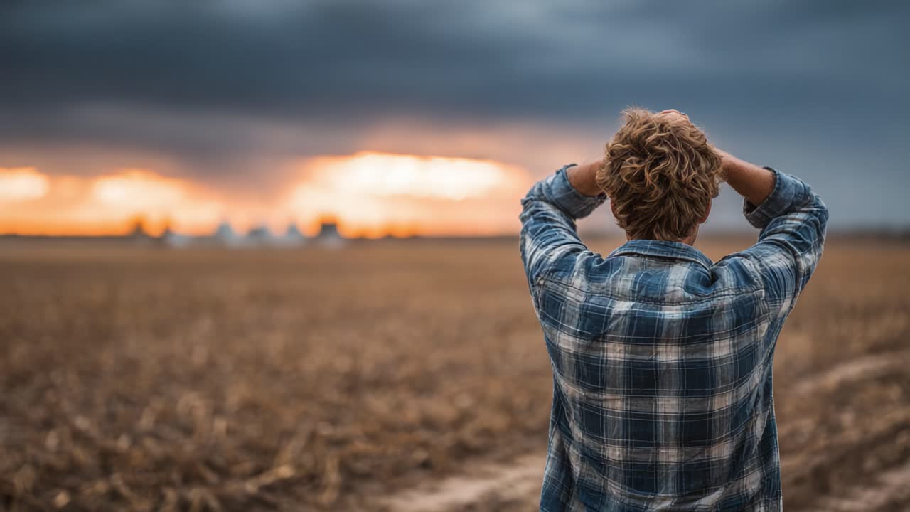 A Contemplative Moment Overlooking the Fields: A Person Stands in Silence Against a Backdrop of Dramatic Sky and Expansive Landscape at Dusk