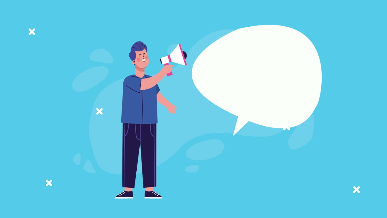 hombre de negocios usando megáfono y burbuja de habla animada