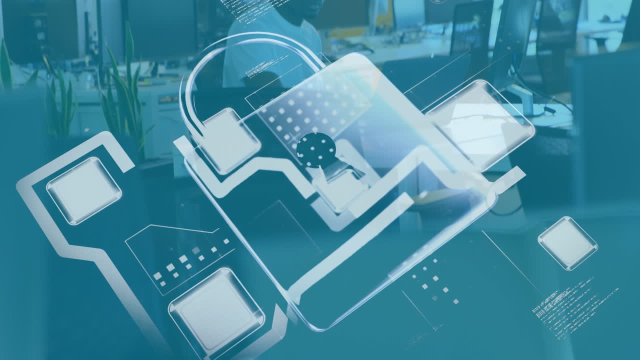 animación de un candado gráfico con datos que se mueven sobre un empresario afroamericano pensando en la oficina