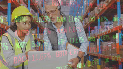 animation of stock market over people working in warehouse