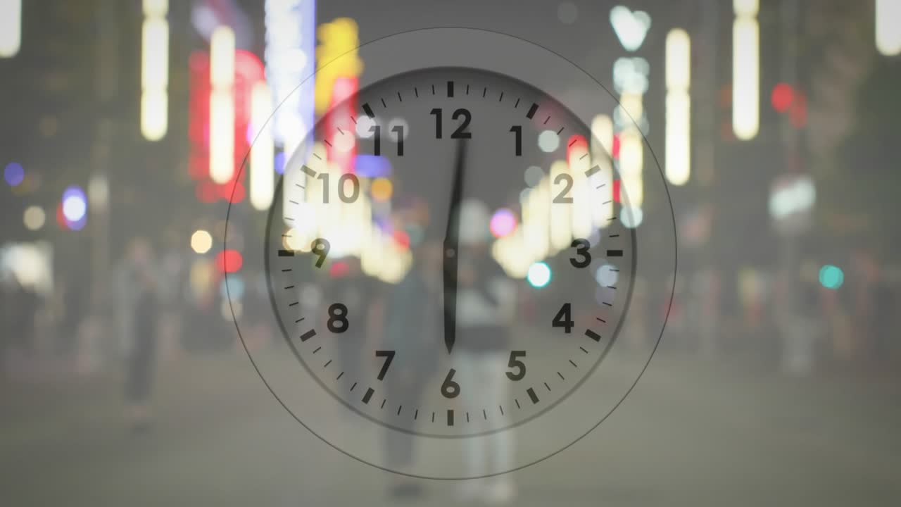 Clock hands starting rotation, translucent clock overlay tracking time while blurred couple walking