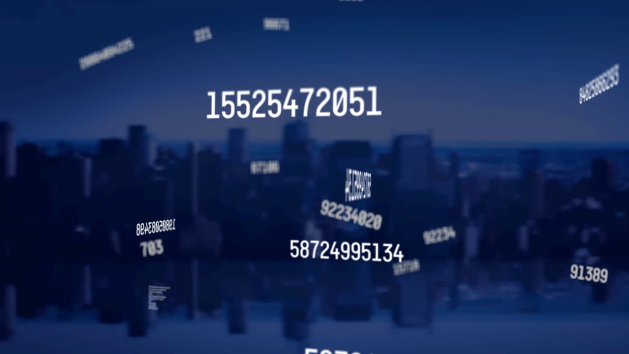 Animation of multiple changing numbers floating against aerial view of cityscape