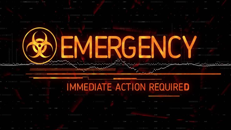 Biohazard warning graphic being displayed with glowing orange text and glitch waveform on black HUD