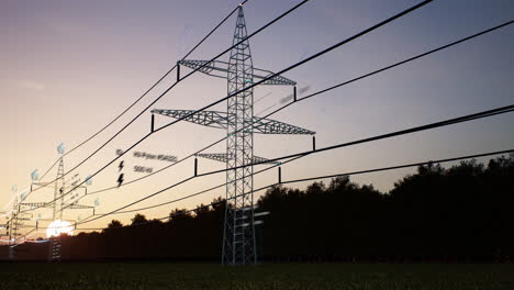 ar datos de la energía que viaja a través de líneas de transferencia sobre el cielo del horizonte del atardecer
