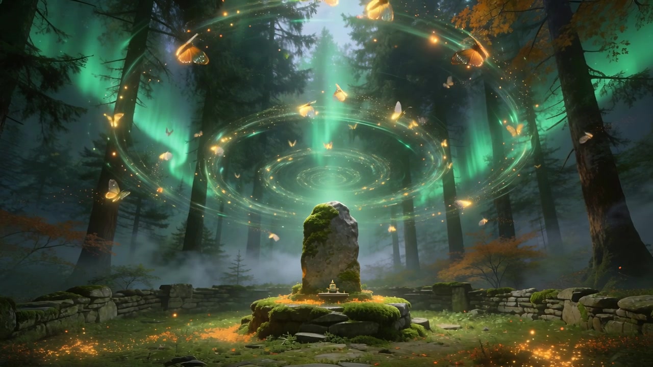 Raggio di aurora discendente che anima una pietra muschiosa in una radura nel bosco, risvegliando un santuario con anelli e falene.