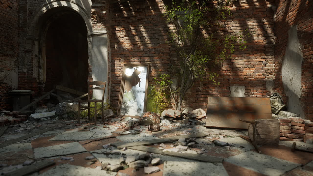 깨진 창문과 깨진 거울이 있는 폐허가 된 건물