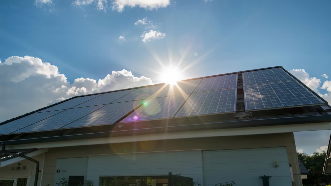 Shining sun above ridge producing starburst and lens-flare, roof solar panels glinting above garage