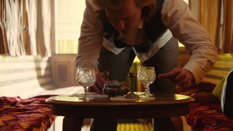 antique train car interior with waiter