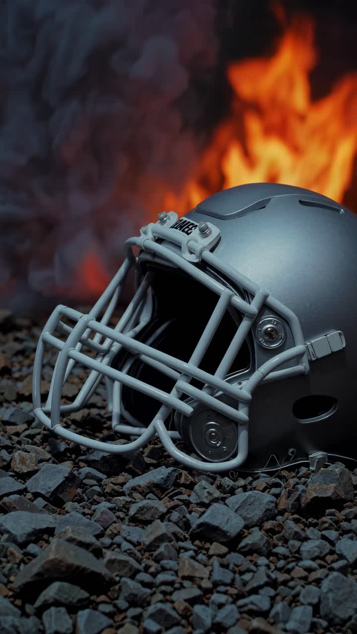 Primo piano di un casco da football su un terreno roccioso con fiamme sullo sfondo