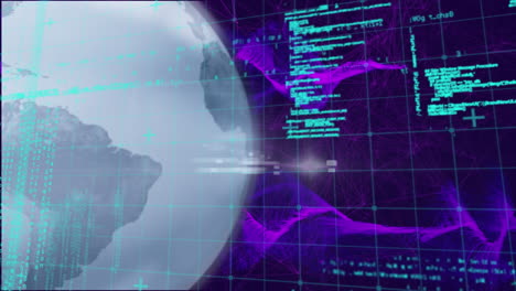 Animation of violet digital screen with data and globe