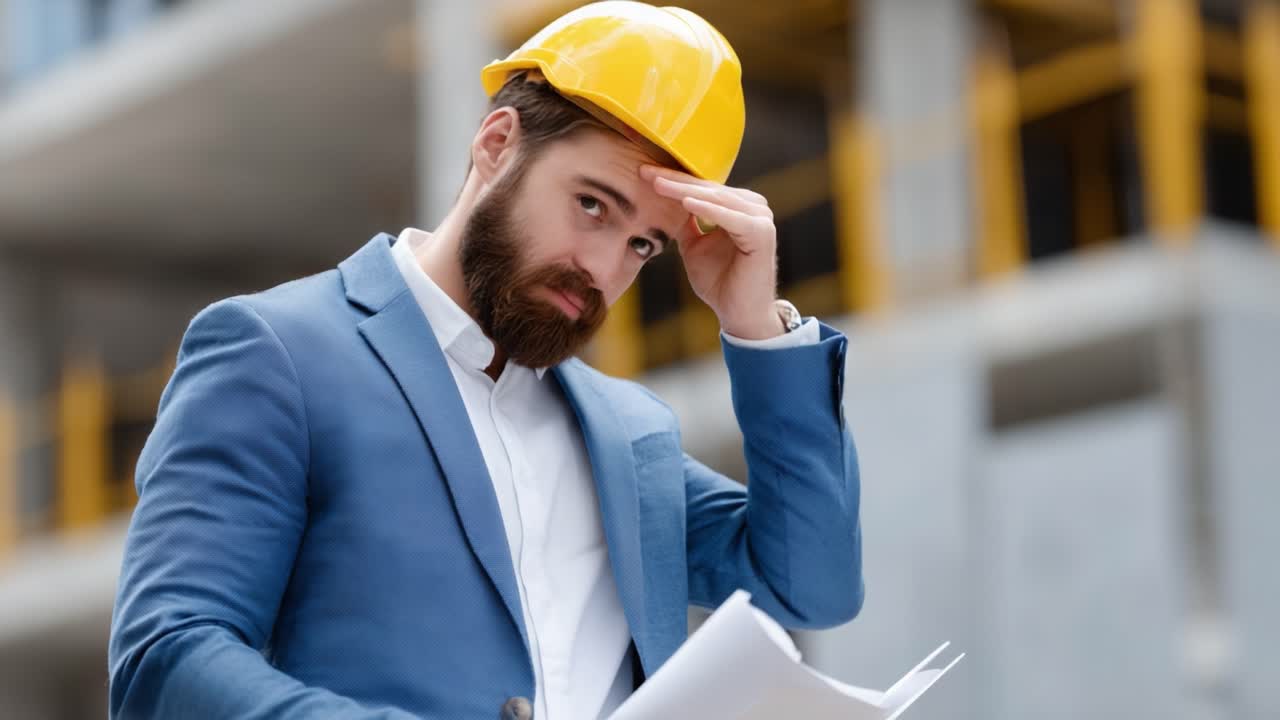 A Construction Manager Analyzing Project Documents, Exhibiting Concern and Focus at a Job Site, Amidst Ongoing Development and Engineering Challenges