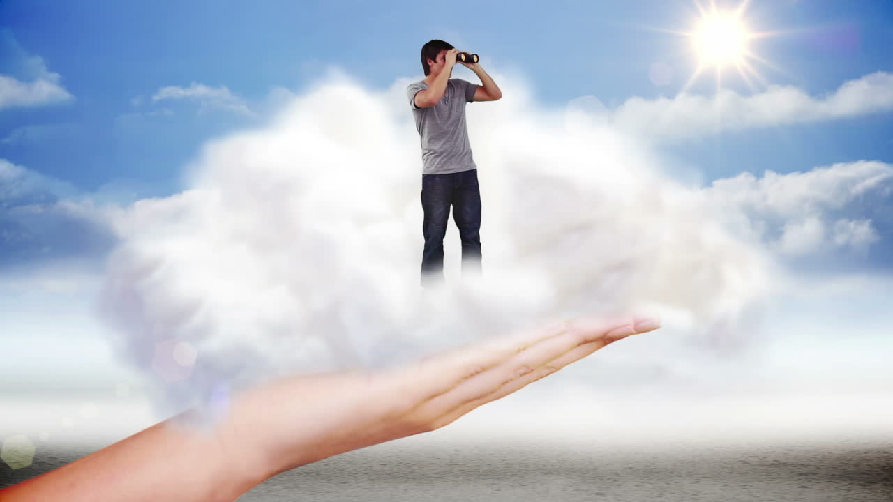 거대한 손으로 안경을 통해 보는 남자