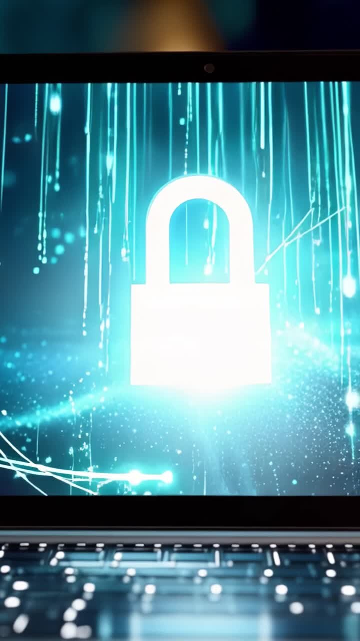 Visual Representation of Digital Security Featuring a Padlock on a Laptop Screen Surrounded by Futuristic Tech Elements and Glowing Data Streams