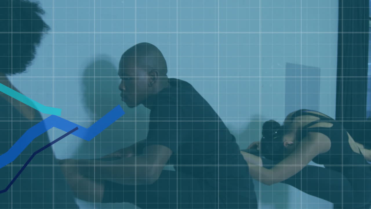 animazione di grafici in crescita, modello di griglia su diversi ballerini che fanno stretching in studio