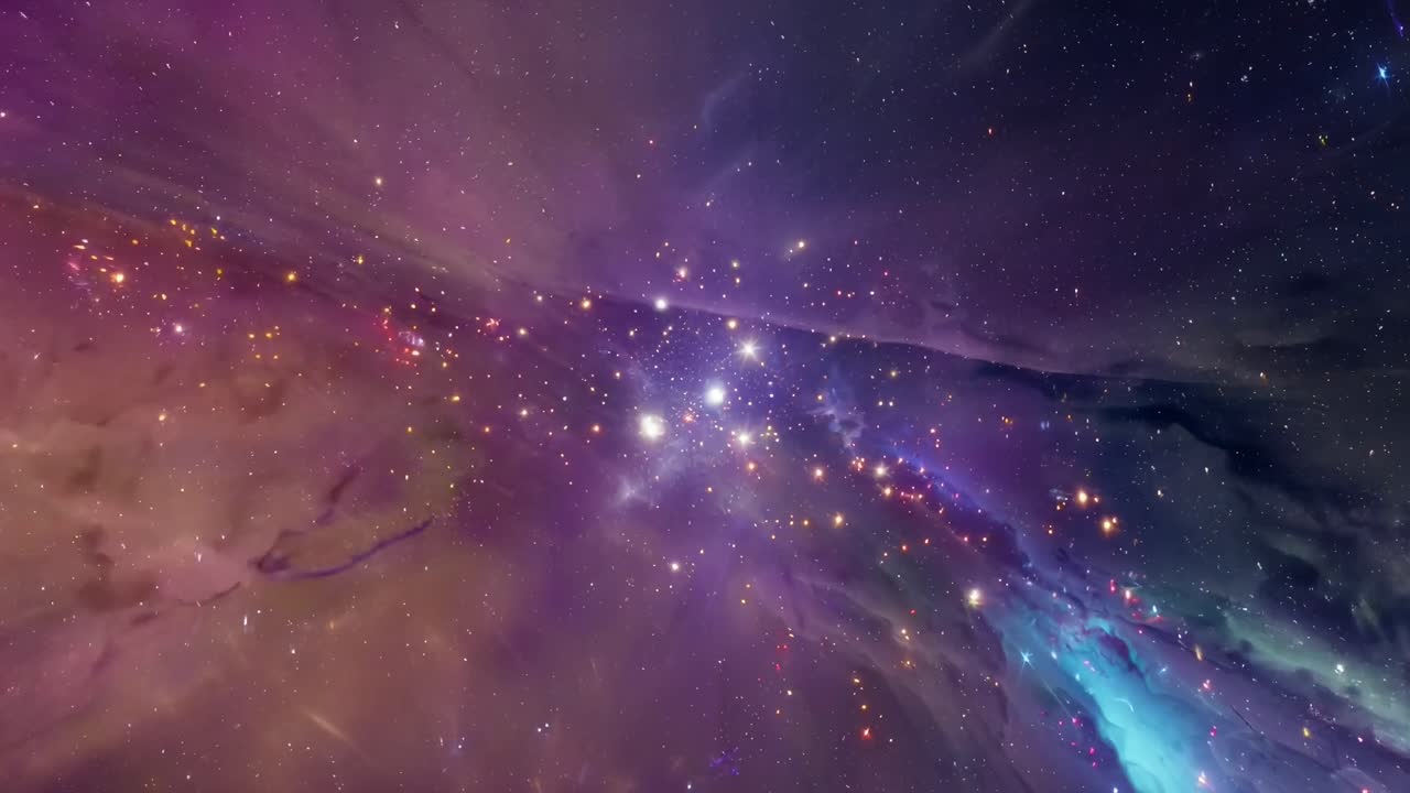 Vibrant cosmic nebula with purple hues, captured from a wide-angle view, ideal for video backdrops