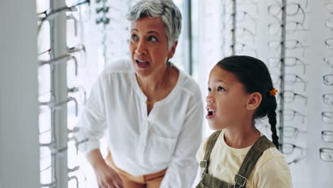 Woman,-child-and-eyewear-shopping-with-choice