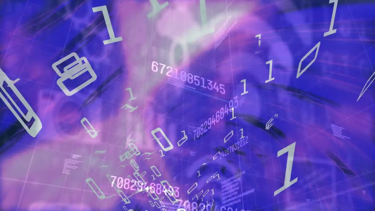 animación de números e iconos digitales sobre personas de negocios que usan computadoras