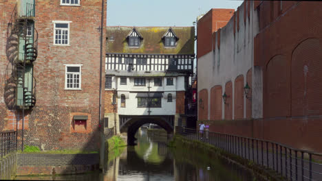 footage of the waterfront area district of the ancient and historic city of lincoln, showing medieval streets and buildings