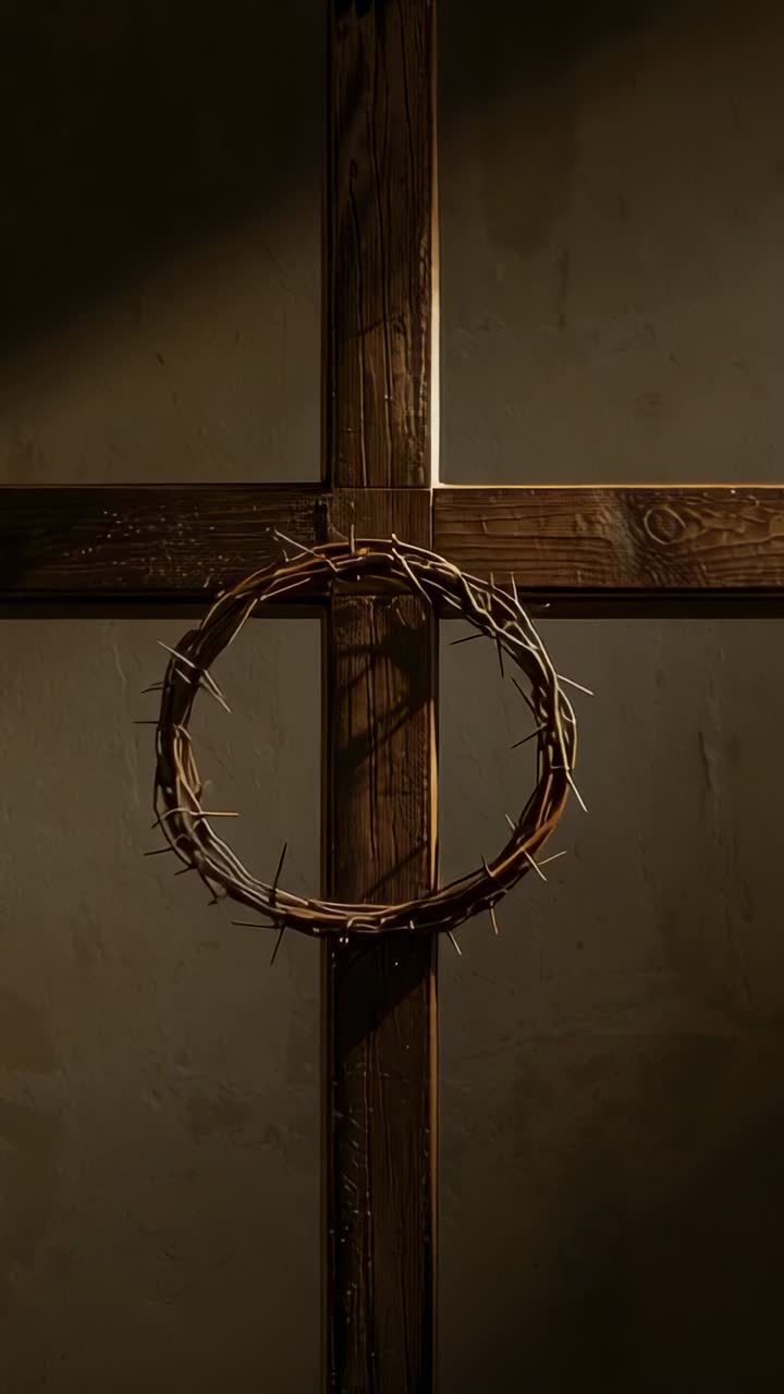 Vertical video: Shifting beam highlighting wooden cross and crown of thorns in chapel, evoking calm